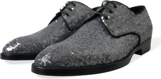 Dolce & Gabbana Silver Sequined Lace Up Men Derby Dress Shoes Black | Leather