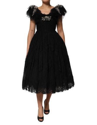 Dolce & Gabbana Womens Black Crystal Embellished Midi A-Line Dress Acetate