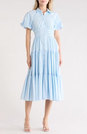 Cinq &agrave; Sept Maggio Puff Sleeve Stretch Poplin Midi Dress in Whispering Sky at Nordstrom Rack, Size 10