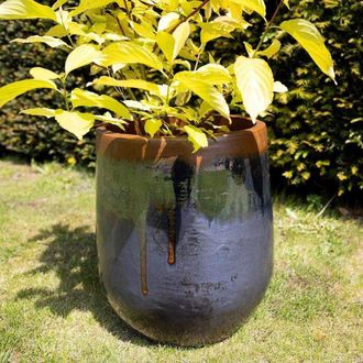 PRIMROSE Terracotta Tall Round Honey Pot Style Planter In Grey & Blue 42cm in Dark Blue