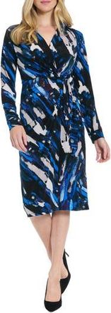 London Times Long Sleeve Faux Wrap Shirtdress in Black/Royal at Nordstrom Rack, Size X-Large