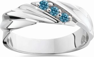 Pompeii3 1/10ct Treated Blue Diamond Mens Three Stone Wedding Ring 14K White Gold Size Selectable