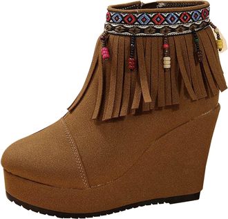 Generic Brown Womens Ethnic Style Boots with Slope Heel and Embroidery for Height Enhancement Comfortable for Outdoor Leisure