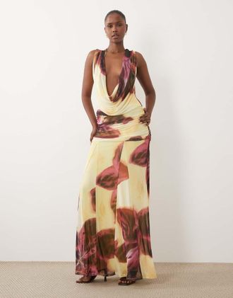 Asos vestito maxi in rete con stampa e scollo profondo oversize floreale-Multicolore
