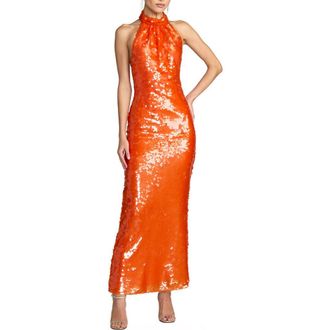 Mac Duggal Sleeveless Sequin Halter Cowl Back Ankle Dress in Tangerine at Nordstrom, Size 12