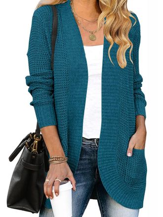 Merokeety Womens Cardigans Long Sleeve Open Front Chunky Knit Draped Sweaters Outwear, Teal, M