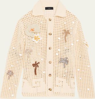 Alanui Where The Waves Begin Embellished Net Knit Collared Cardigan