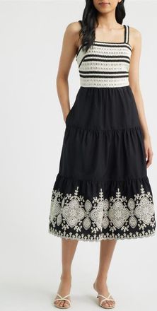 Eliza J Crochet Embroidered Midi Sundress in Nat Black at Nordstrom, Size 12