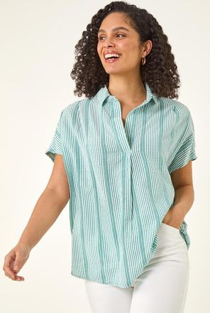 Roman Stripe Pleated Neck Top