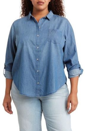 Caslon Chambray Long Sleeve Button-Up Shirt in Medium Wash at Nordstrom Rack, Size 1X
