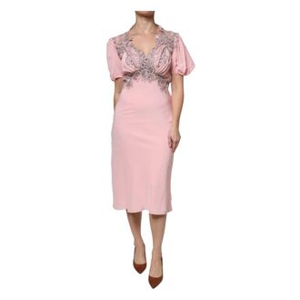 Ermanno Scervino Floral Lace Short Sleeves V-neck Midi Dress - female - Ermanno Scervino - Midi Dresses - Pink - L - Dresses