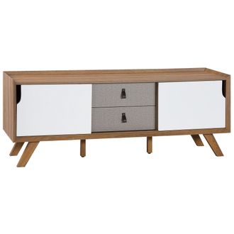 Beliani Beliani - Aparador De Chapa De Madera Clara 56 X 147 X 42 Cm Con 2 Puertas Correderas Blancas Y 2 Cajones Grises Acton