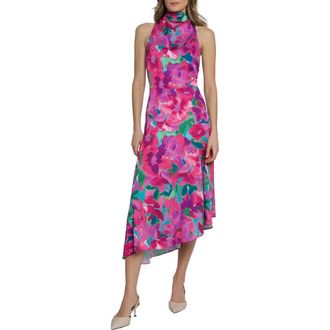 Maggy London Mock Neck Asymmetric Midi Dress in Aqua/pink at Nordstrom Rack, Size 10