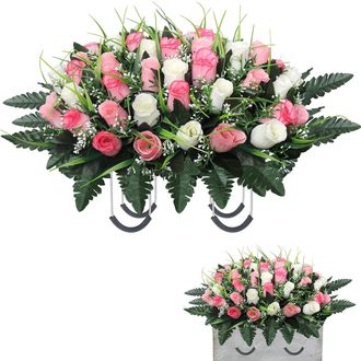 OEM Arreglo Floral Artificial Para Tumbas, Resistente A La Intemperie, Dura 3 Meses (rosa Y Blanco)