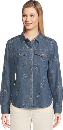 Tommy Bahama Flora Embroidered Denim Long Sleeve Shirt Womens Clothing Dark Medium Wash : LG (US 12-14), Cotton/Denim/Down