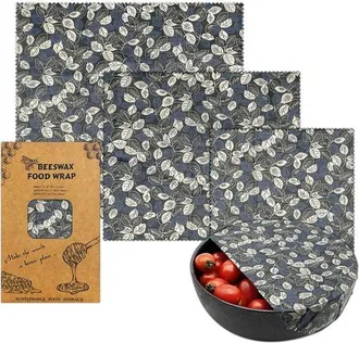 OEM Juego De 3 Pa&ntilde;os De Cera Abeja Alimentos Elegante Estampado Hojas Blanco Negro Tres Tama&ntilde;os: Peque&ntilde;o, Envases Reutilizables Sin Pl&aacute;stico Frutas