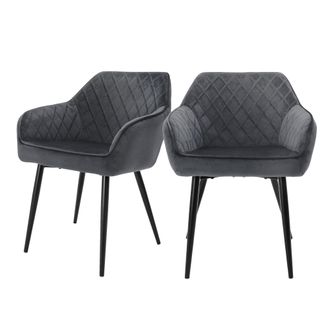 ML Design Ml-design - Set 2x Sillas De Comedor Antracita Estilo Moderno Asiento Tapizado Aspecto De Terciopelo Patas De Metal Negras Con Respaldo Y Apoyabrazos 