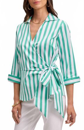 Foxcroft Salina Stripe Cotton Blend Wrap Shirt In Kelly Green/ White