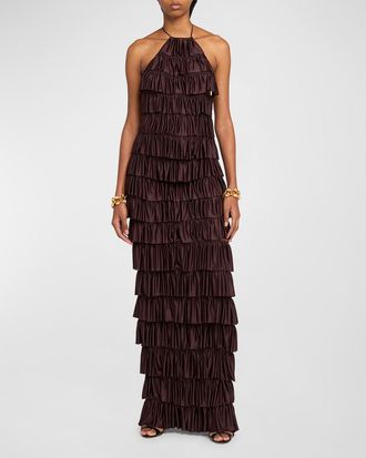 Tom Ford Tiered Ruffle Jersey Halter Gown
