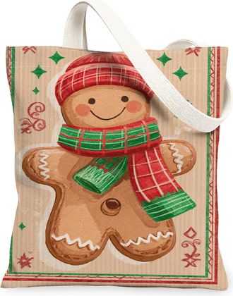 Generic Christmas Gingerbread Canvas Tote Bags, Adorable Biscuits Design Reusable Grocery Bags, Winter Lightweight Washable Shoulde, Brown, 13x15 Inch