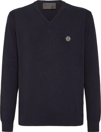 Philipp Plein Cotton Pullover V-Neck LS - Heren - V-hals truien - Blauw - 3XL - Katoen - Truien & Vesten