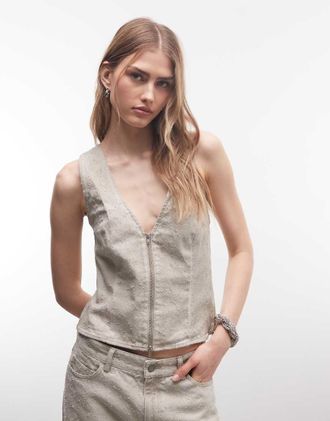 Weekday Top beige sporco con zip bidirezionale in coordinato-Biondo