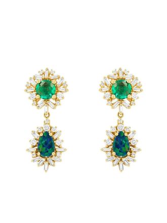 Suzanne Kalan 18k yellow gold double-drop multi-stone earrings - women - 18kt Yellow Gold/Opal/Emerald/Diamond - One Size
