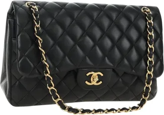 Chanel Timeless - Classic Double Flap Leather Black Leather Handbag (Pre-Owned)