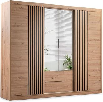 Vente-Unique Armario 4 puertas y 2 cajones - Con espejo - An.250 cm - Color: Natural - SIDOVIA