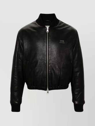 Ami leather collarless bomber jacket