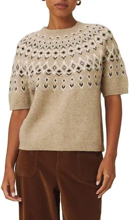 Splendid Fair Isle Short Sleeve Sweater in Light Camel Brown at Nordstrom, Size X-Small