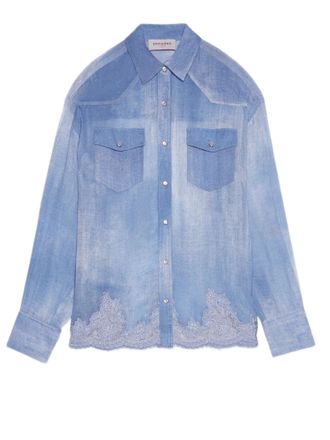 Ermanno Scervino Denim-Inspired Georgette Shirt With Lace Trim And Pearl Snap Buttons