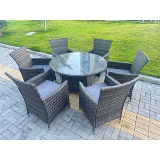 Fimous Rattan Garden Furniture 6 Seater Garden Big Round Table & Chairs in Dark Grey