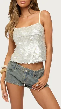 Edikted Macy Backless Sequin Top in Beige at Nordstrom, Size X-Large