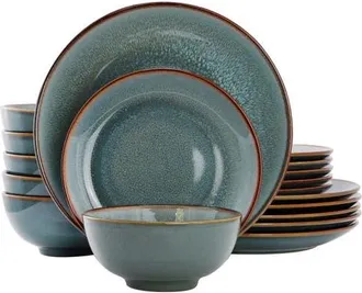 Elama 18 Piece Stoneware Dinnerware Set in Blue w/ Brown Rim at Nordstrom