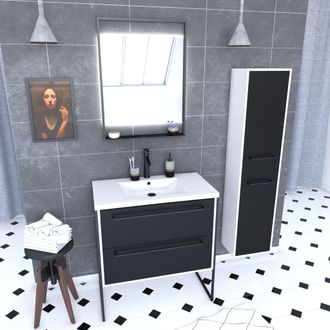 Aurlane Mueble De Ba&ntilde;o 80 Cm, Lavabo Blanco, Espejo Led Y Columna - Blanco Y Negro