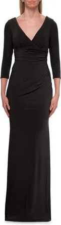 La Femme V-Neck Ruched Gown with Three-Quarter Sleeves in Black at Nordstrom, Size 14