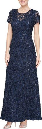 Alex Evenings Sequin Soutache Short Sleeve A-Line Gown in Navy at Nordstrom, Size 14
