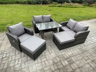 Fimous Outdoor Garden Furniture Sets 7 Seater Rattan Furniture Manual Wicker Patio Sofa Patio Conversation Set with 2 Big Footstool in Dark Grey