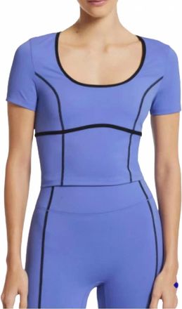 Bandier Crop Contrast Seam Short Sleeve Top In Baja Blue/black