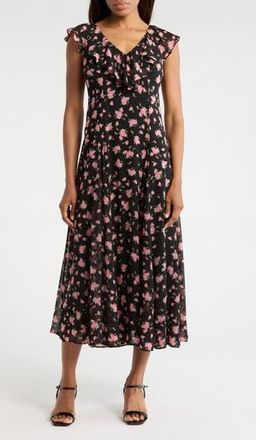 Wayf Ruffle Godet Midi Dress in Black Roses at Nordstrom Rack, Size X-Small