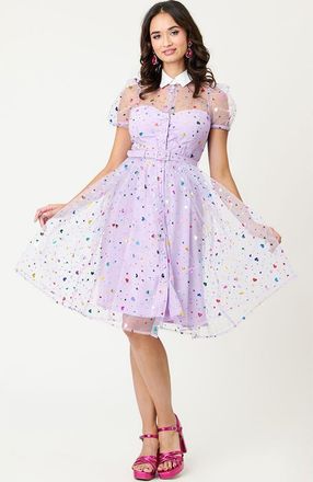 Unique Vintage 1950s Short Sleeve Collared Hollie Swing Dress in Purple Heart Confetti at Nordstrom, Size X-Large