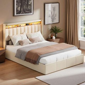 OEM Cama Doble Con Almacenamiento - 140x200cm - Terciopelo Beige - Sistema De Elevaci&oacute;n Hidr&aacute;ulico - 2 Plazas