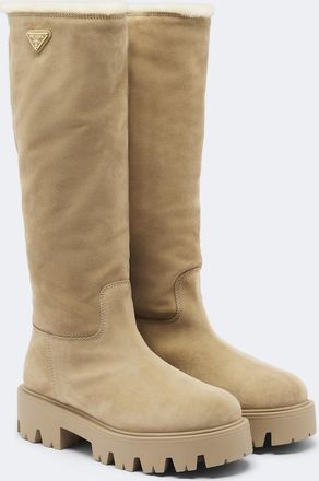 Prada Shearling-lined suede knee-high boots