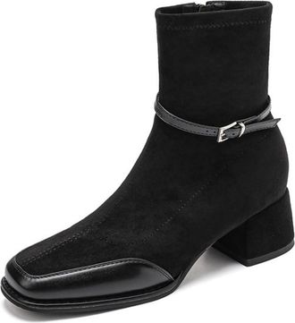 Generic Womens Retro Square Toe Elastic Sock Ankle Boots Adjustable Buckle Strap Comfortable Suede Like Upper Non Slip Wear Resistant Block Heel Daily Casual 