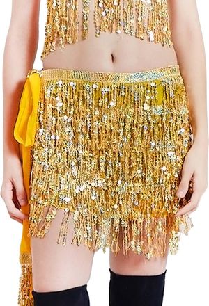 Generic Glittery Tassel Skirt Carnival Mini Short Skirts Sequin Skirt Tinsel Fringe Skirts Shiny Sequined Belly Dance Short Hip Wrapped Solid Color Bodycon Co