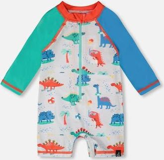 Deux par Deux One-Piece Long Sleeve Dinosaur Print Rashguard in Grey Printed Baby Dinosaurs at Nordstrom, Size 12-18M