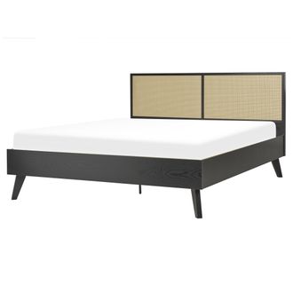 Beliani Cama Con Somier Negro Madera Clara 160 X 200 Cm Cabecero Monpazier
