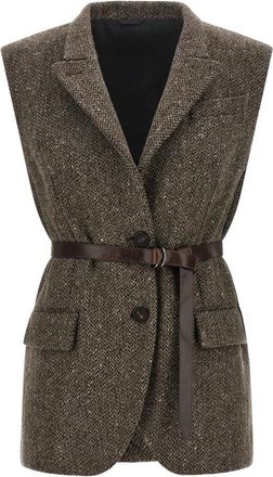 Brunello Cucinelli Jassen, Dames, Bruin, XS, Wol, Gilet met visgraatpatroon en ceintuur