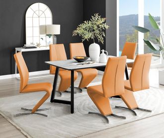 Furniturebox Carson White Marble Effect Dining Table & 6 Willow Chairs in Mustard